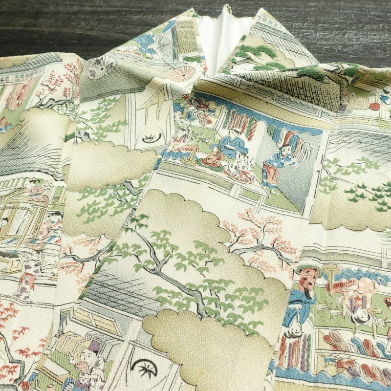 小紋 縮緬 総柄 正絹 風景柄 袷仕立て 身丈152cm 裄丈63.5cm 着物 緑・うぐいす色_画像15