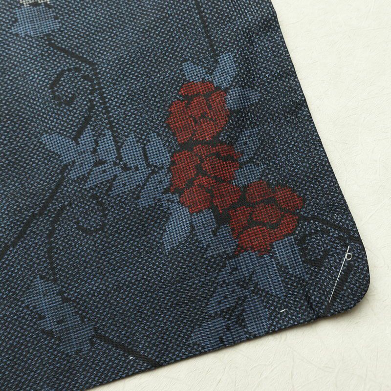紬 良品 しつけ糸付き 正絹 花柄 袷仕立て 身丈160cm 裄丈64.5cm 着物 青・紺_画像16