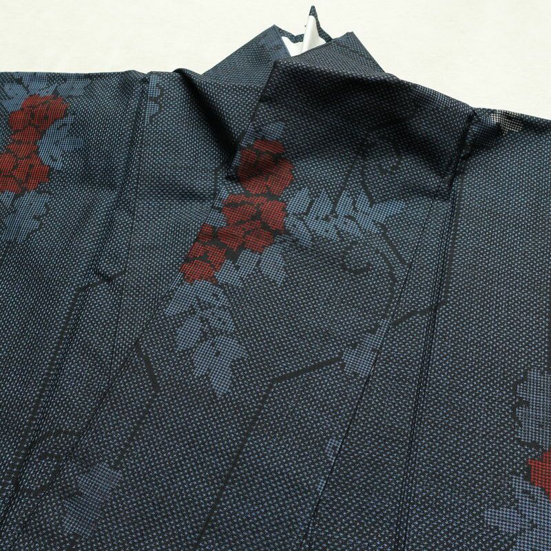 紬 良品 しつけ糸付き 正絹 花柄 袷仕立て 身丈160cm 裄丈64.5cm 着物 青・紺_画像17