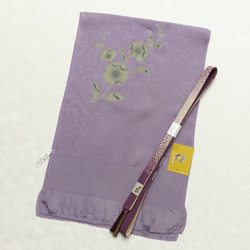 帯揚げ帯締めセット 美品 セット品 平組 フォーマル用 正絹 花柄 和装小物 紫・藤色_画像1