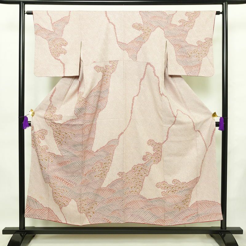 訪問着 絞り 総絞り 正絹 流水・波柄 袷仕立て 身丈152cm 裄丈63.5cm 着物 ピンク_画像1