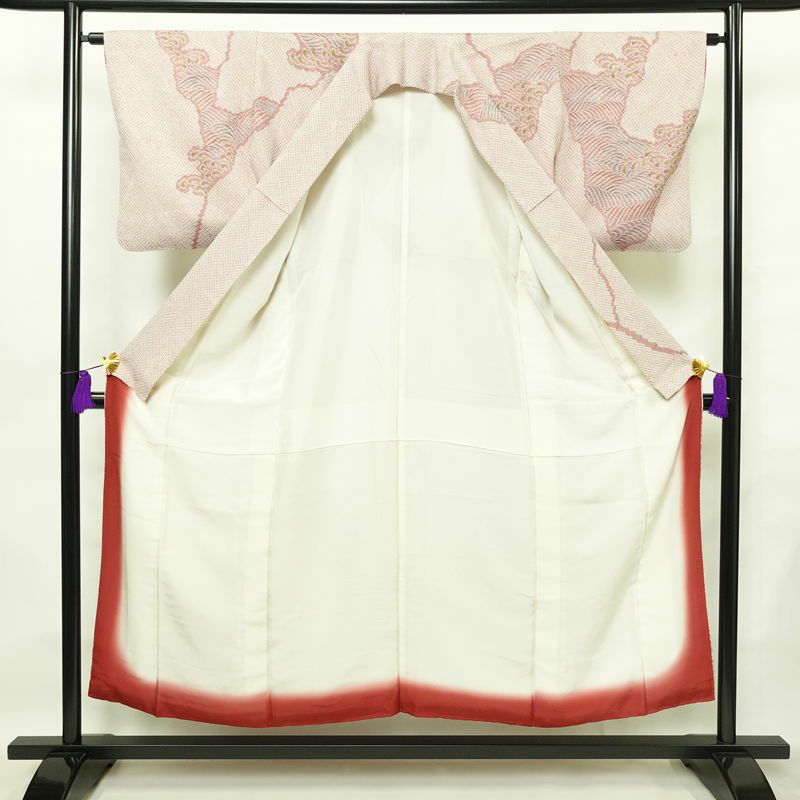 訪問着 絞り 総絞り 正絹 流水・波柄 袷仕立て 身丈152cm 裄丈63.5cm 着物 ピンク_画像3