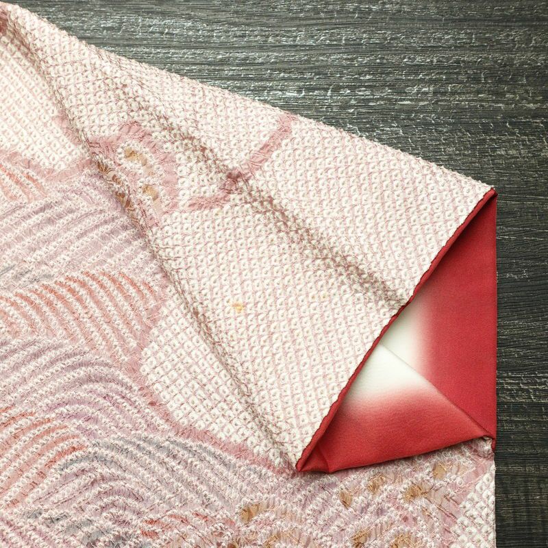 訪問着 絞り 総絞り 正絹 流水・波柄 袷仕立て 身丈152cm 裄丈63.5cm 着物 ピンク_画像14