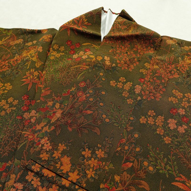 小紋 付下小紋 良品 しつけ糸付き 縮緬 正絹 人物・動物柄 袷仕立て 身丈158cm 裄丈65.5cm 着物 緑・うぐいす色_画像17