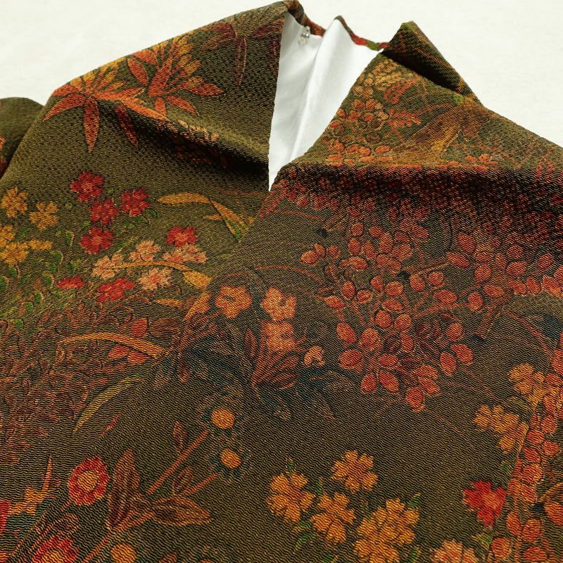 小紋 付下小紋 良品 しつけ糸付き 縮緬 正絹 人物・動物柄 袷仕立て 身丈158cm 裄丈65.5cm 着物 緑・うぐいす色_画像18