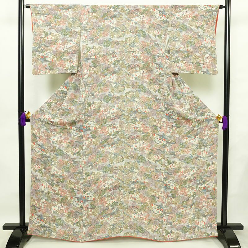 小紋 縮緬 正絹 風景柄 袷仕立て 身丈165cm 裄丈64cm 着物 多色使い_画像1