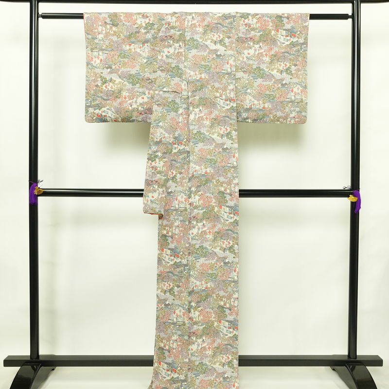 小紋 縮緬 正絹 風景柄 袷仕立て 身丈165cm 裄丈64cm 着物 多色使い_画像2