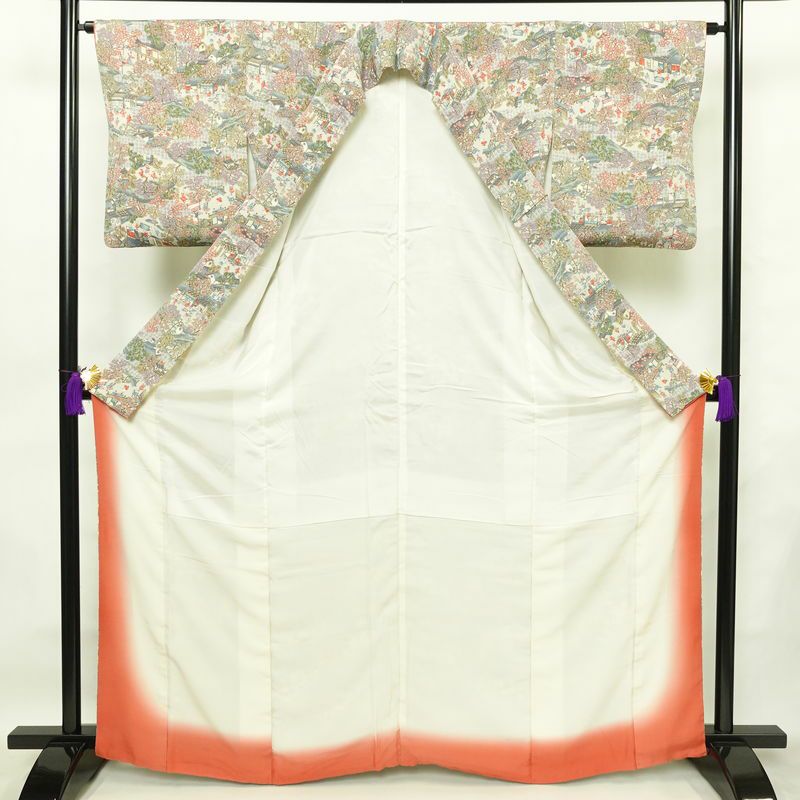 小紋 縮緬 正絹 風景柄 袷仕立て 身丈165cm 裄丈64cm 着物 多色使い_画像3