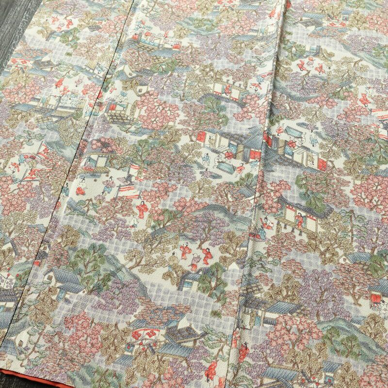 小紋 縮緬 正絹 風景柄 袷仕立て 身丈165cm 裄丈64cm 着物 多色使い_画像4