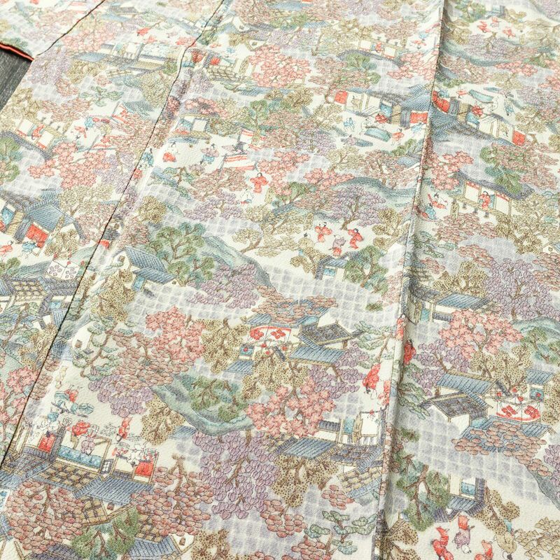 小紋 縮緬 正絹 風景柄 袷仕立て 身丈165cm 裄丈64cm 着物 多色使い_画像5