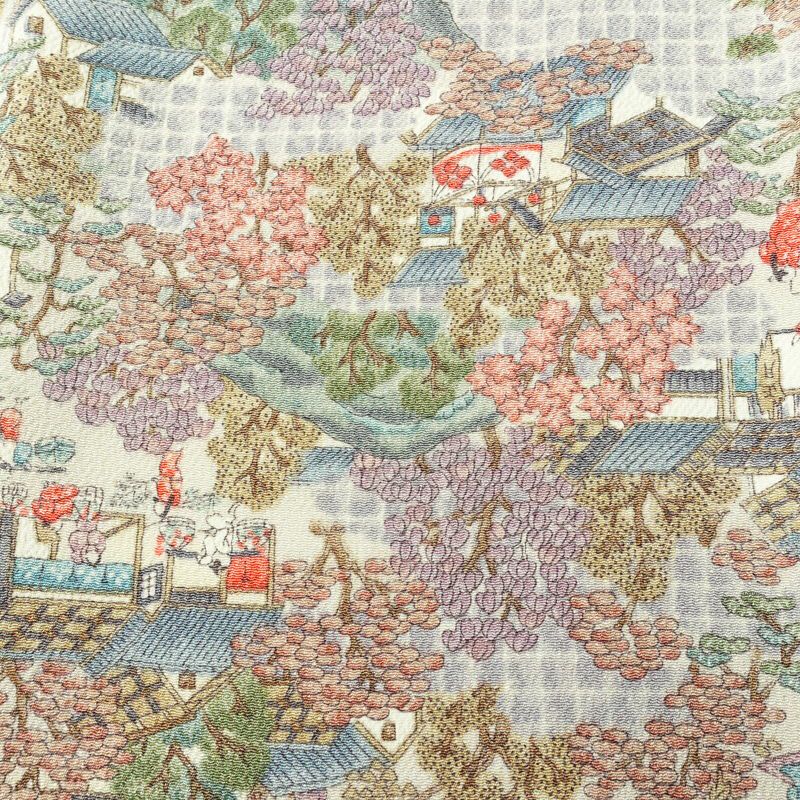 小紋 縮緬 正絹 風景柄 袷仕立て 身丈165cm 裄丈64cm 着物 多色使い_画像6