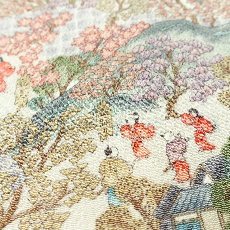 小紋 縮緬 正絹 風景柄 袷仕立て 身丈165cm 裄丈64cm 着物 多色使い_画像7