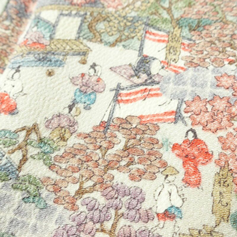 小紋 縮緬 正絹 風景柄 袷仕立て 身丈165cm 裄丈64cm 着物 多色使い_画像8