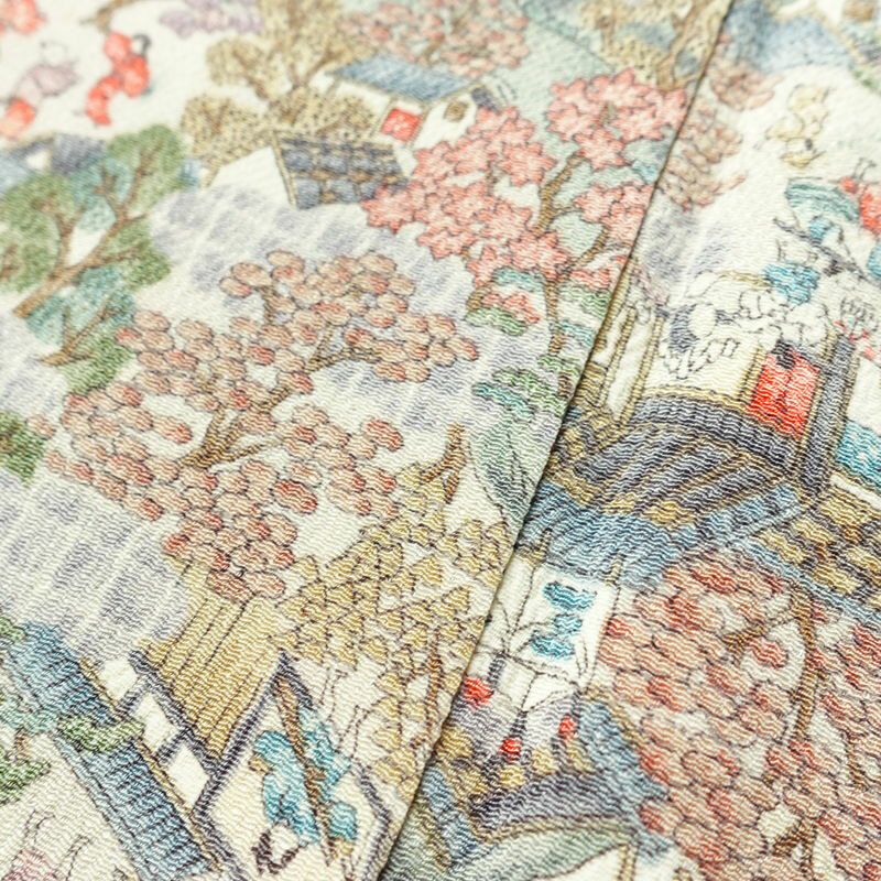 小紋 縮緬 正絹 風景柄 袷仕立て 身丈165cm 裄丈64cm 着物 多色使い_画像9