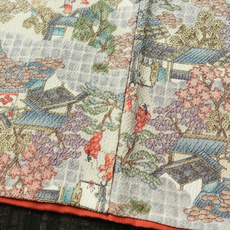 小紋 縮緬 正絹 風景柄 袷仕立て 身丈165cm 裄丈64cm 着物 多色使い_画像10