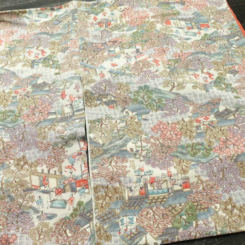 小紋 縮緬 正絹 風景柄 袷仕立て 身丈165cm 裄丈64cm 着物 多色使い_画像12