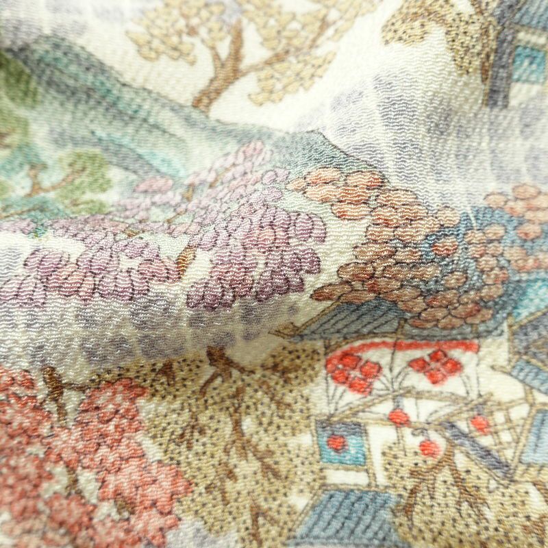 小紋 縮緬 正絹 風景柄 袷仕立て 身丈165cm 裄丈64cm 着物 多色使い_画像21