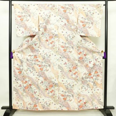 小紋 縮緬 総柄 正絹 風景柄 袷仕立て 身丈152cm 裄丈63.5cm