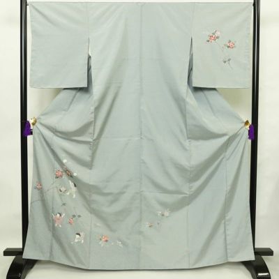 訪問着 紬地 しつけ糸付き 正絹 花柄 袷仕立て 身丈167cm 裄丈67cm フォーマル 着物 青・紺