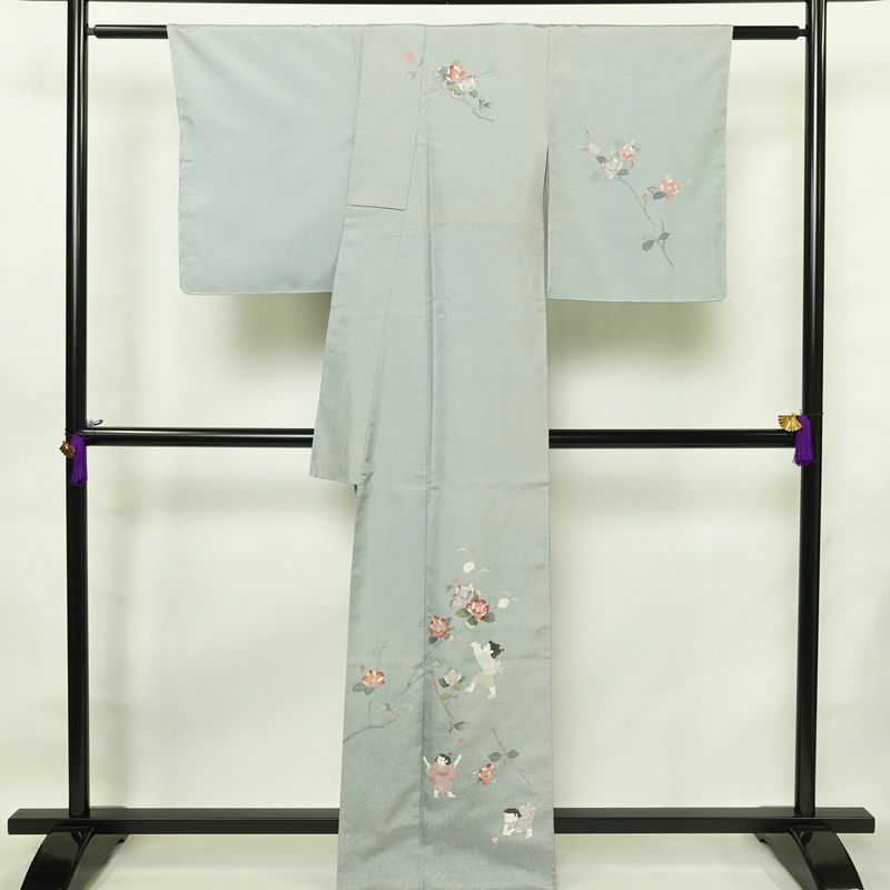 訪問着 紬地 しつけ糸付き 正絹 花柄 袷仕立て 身丈167cm 裄丈67cm フォーマル 着物 青・紺_画像2