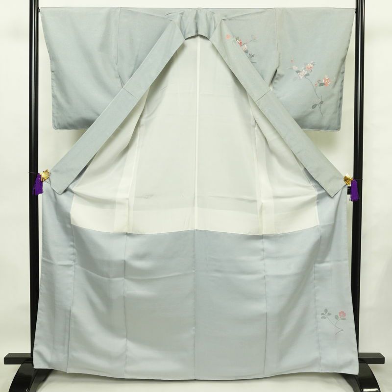 訪問着 紬地 しつけ糸付き 正絹 花柄 袷仕立て 身丈167cm 裄丈67cm フォーマル 着物 青・紺_画像3