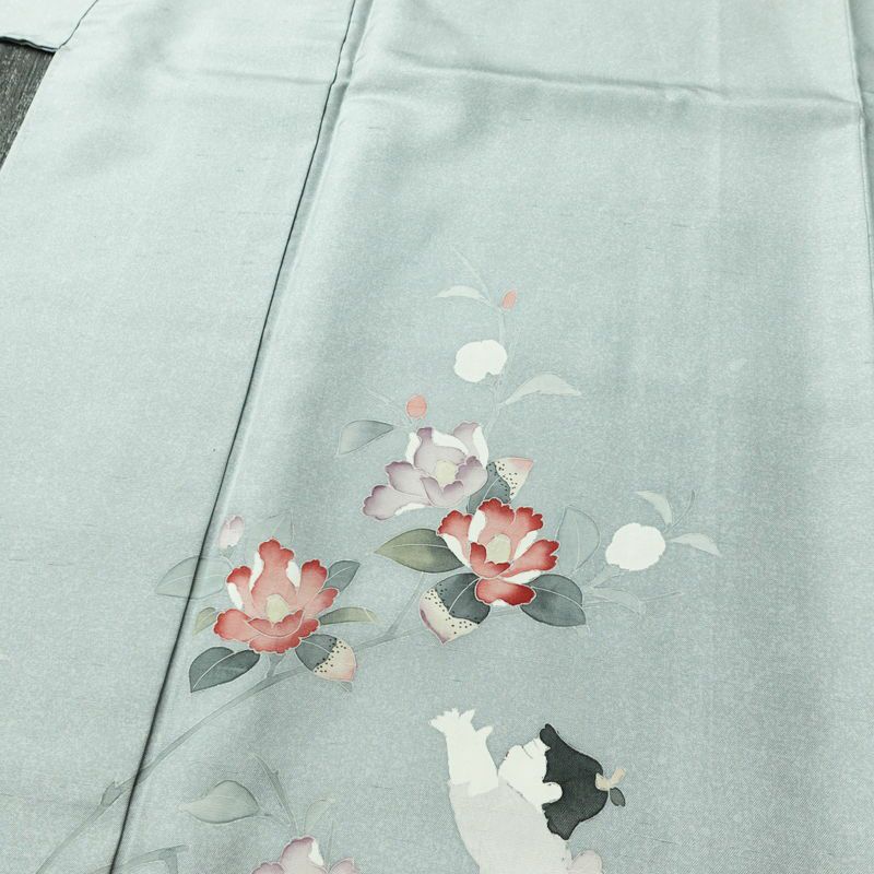 訪問着 紬地 しつけ糸付き 正絹 花柄 袷仕立て 身丈167cm 裄丈67cm フォーマル 着物 青・紺_画像5