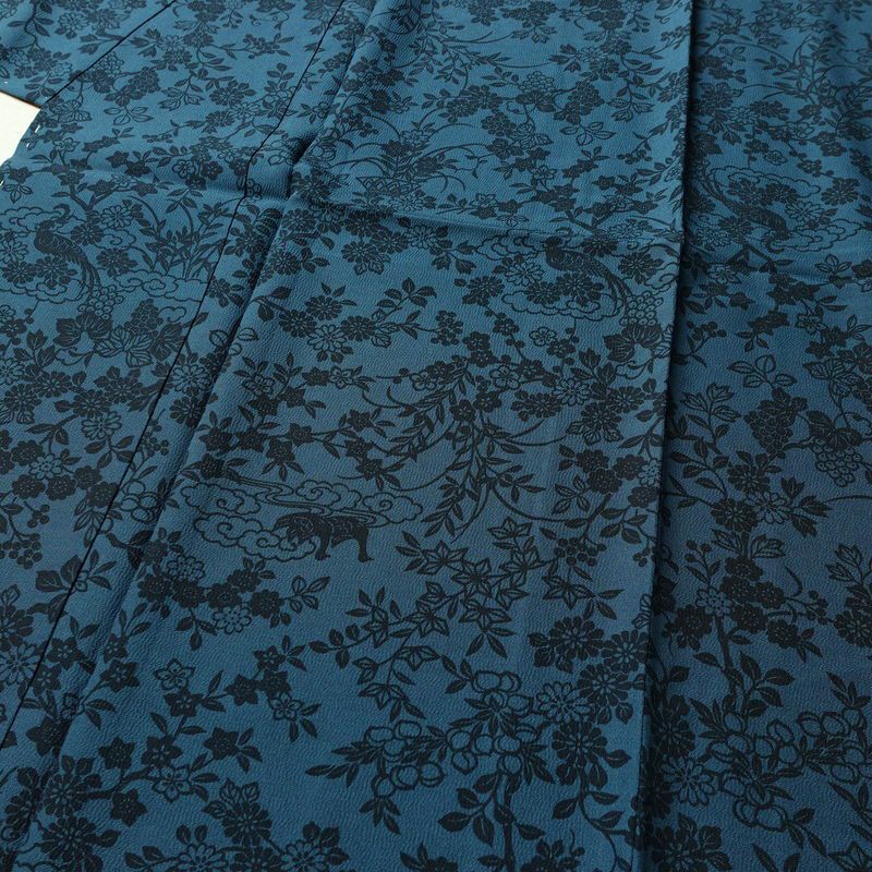 小紋 良品 しつけ糸付き 縮緬 正絹 花柄 袷仕立て 身丈158cm 裄丈66cm 着物 青・紺_画像5