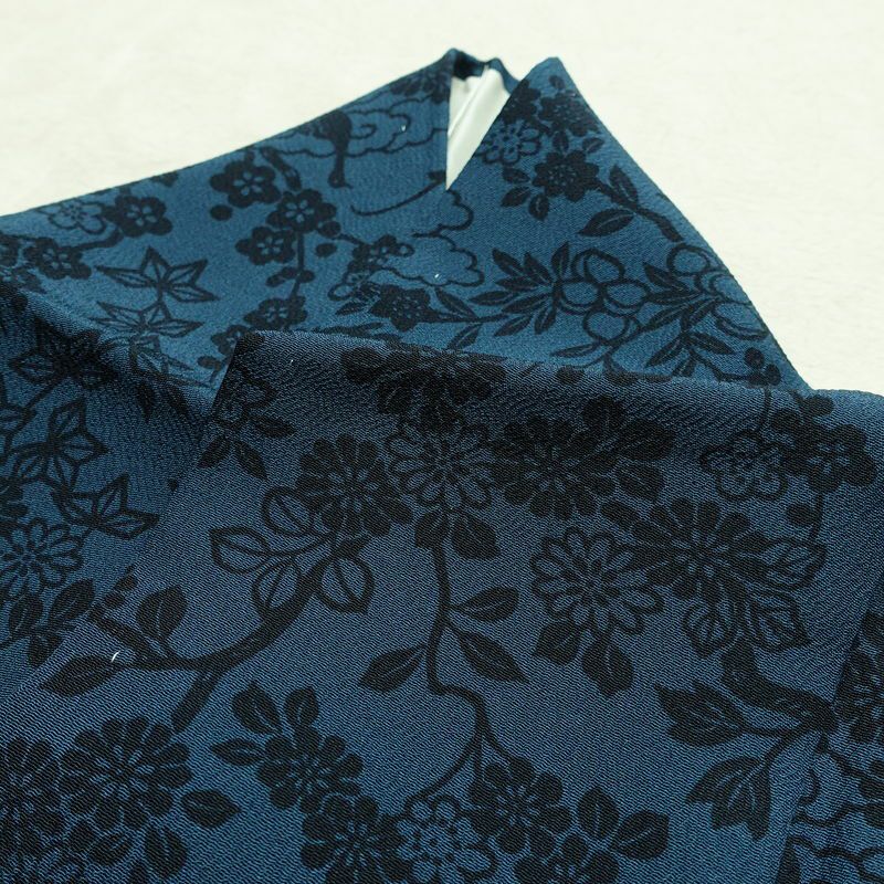 小紋 良品 しつけ糸付き 縮緬 正絹 花柄 袷仕立て 身丈158cm 裄丈66cm 着物 青・紺_画像16