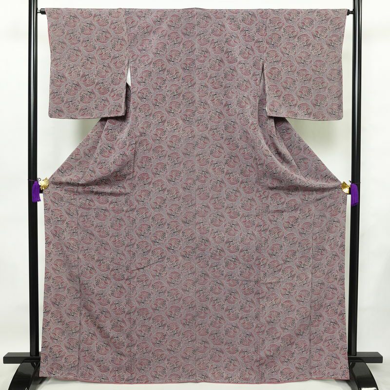 小紋 しつけ糸付き 縮緬 正絹 木の葉・植物柄 袷仕立て 身丈166.5cm 裄丈66cm 着物 紫・藤色_画像1