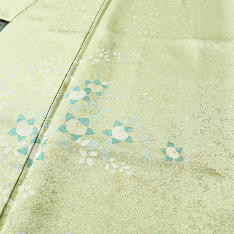 訪問着 良品 正絹 木の葉・植物柄 袷仕立て 身丈158.5cm 裄丈62cm 一部しつけ糸付き 金彩 フォーマル 着物 緑・うぐいす色_画像5