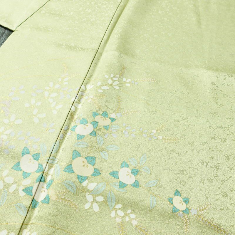 訪問着 良品 正絹 木の葉・植物柄 袷仕立て 身丈158.5cm 裄丈62cm 一部しつけ糸付き 金彩 フォーマル 着物 緑・うぐいす色_画像7