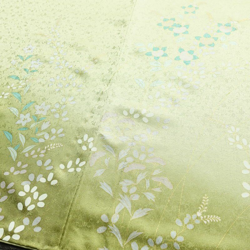 訪問着 良品 正絹 木の葉・植物柄 袷仕立て 身丈158.5cm 裄丈62cm 一部しつけ糸付き 金彩 フォーマル 着物 緑・うぐいす色_画像13