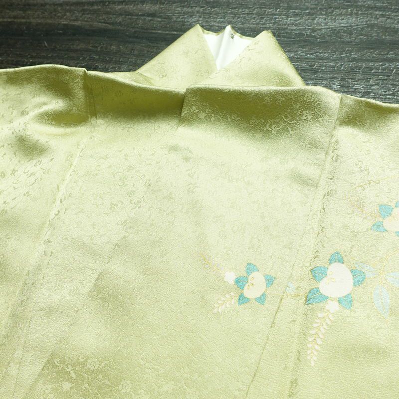 訪問着 良品 正絹 木の葉・植物柄 袷仕立て 身丈158.5cm 裄丈62cm 一部しつけ糸付き 金彩 フォーマル 着物 緑・うぐいす色_画像18