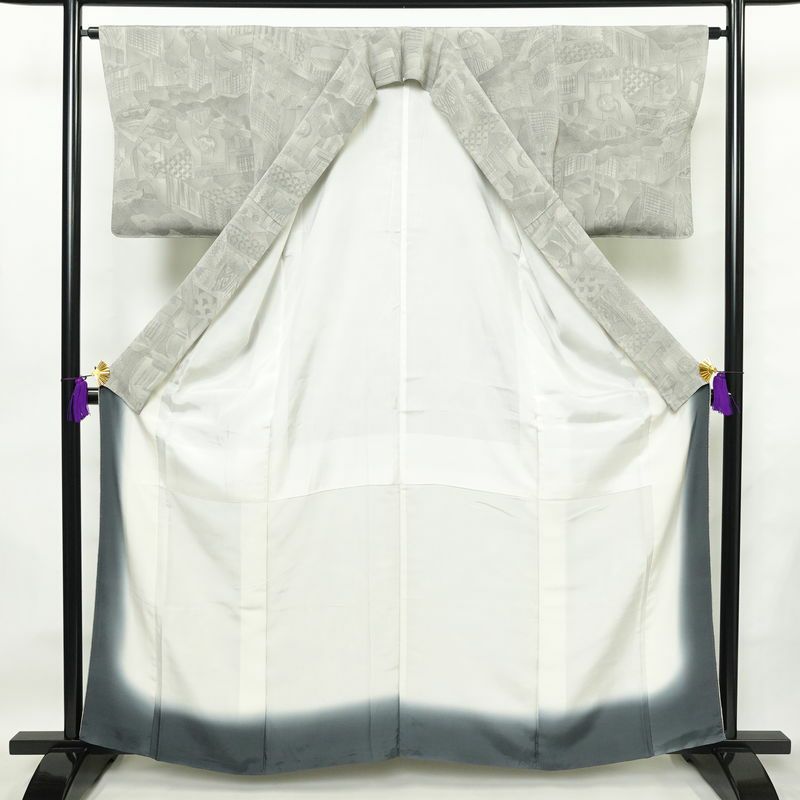 小紋 縮緬 正絹 風景柄 袷仕立て 身丈160.5cm 裄丈64.5cm 着物 グレー_画像3