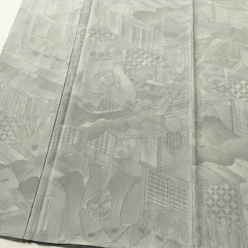 小紋 縮緬 正絹 風景柄 袷仕立て 身丈160.5cm 裄丈64.5cm 着物 グレー_画像4