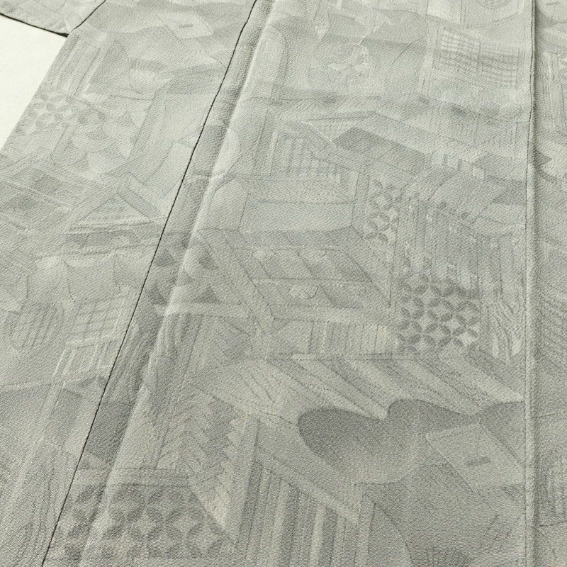 小紋 縮緬 正絹 風景柄 袷仕立て 身丈160.5cm 裄丈64.5cm 着物 グレー_画像5