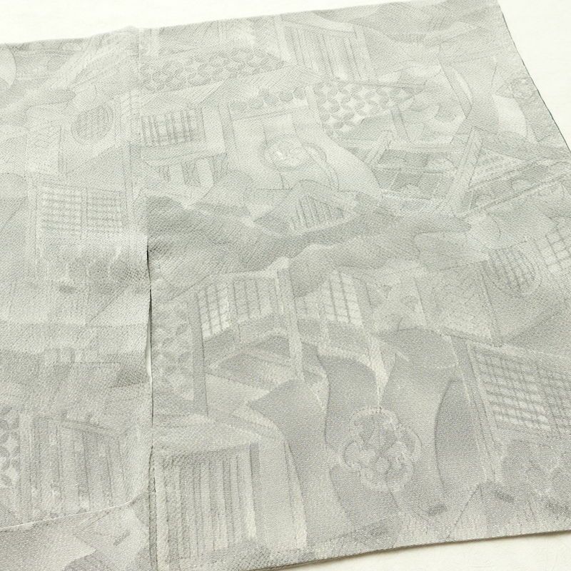 小紋 縮緬 正絹 風景柄 袷仕立て 身丈160.5cm 裄丈64.5cm 着物 グレー_画像13