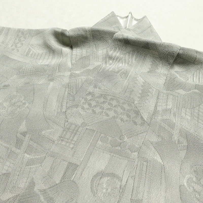 小紋 縮緬 正絹 風景柄 袷仕立て 身丈160.5cm 裄丈64.5cm 着物 グレー_画像16