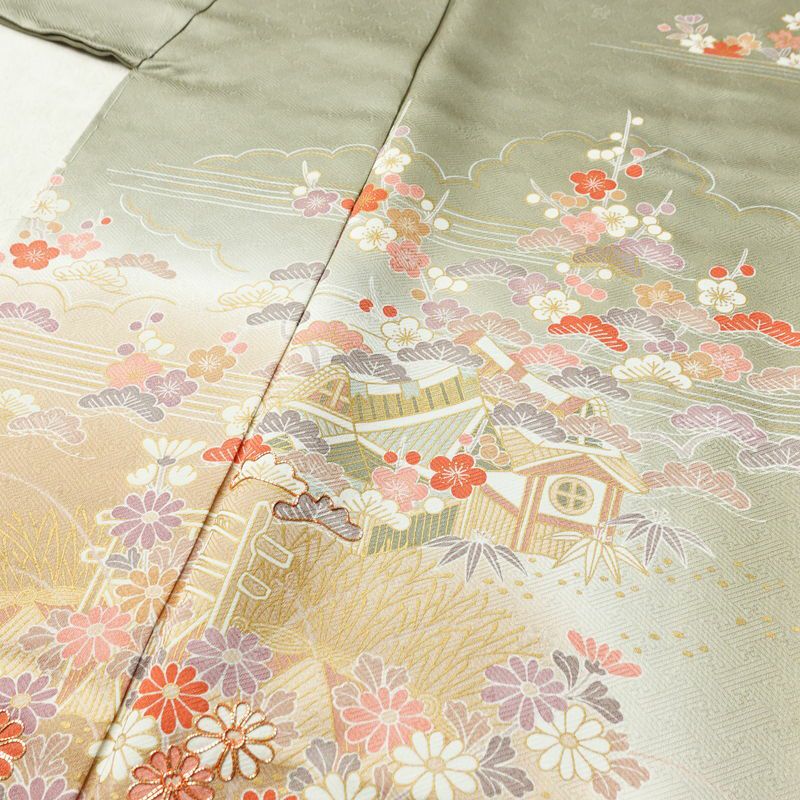 訪問着 良品 しつけ糸付き 金駒刺繍 綸子 正絹 古典柄 袷仕立て 身丈159.5cm 裄丈65.5cm 金彩 フォーマル 着物 緑・うぐいす色_画像5