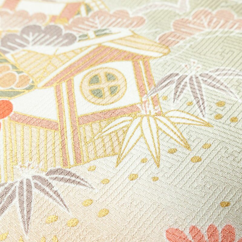 訪問着 良品 しつけ糸付き 金駒刺繍 綸子 正絹 古典柄 袷仕立て 身丈159.5cm 裄丈65.5cm 金彩 フォーマル 着物 緑・うぐいす色_画像9