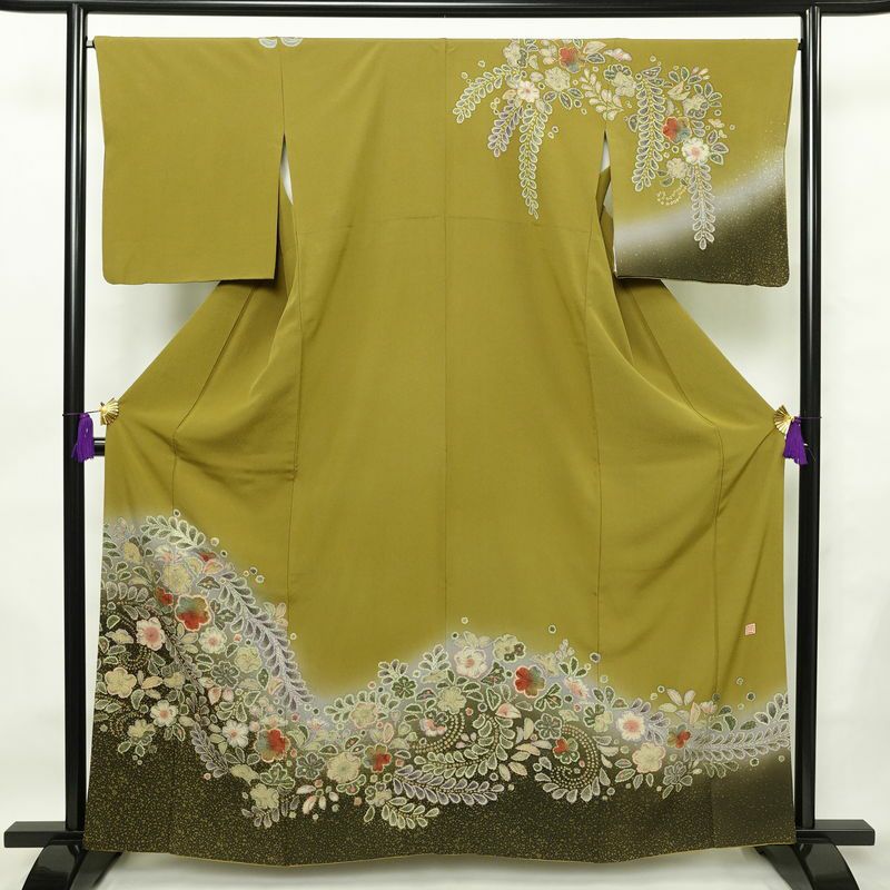 訪問着 辻が花 落款入り 縮緬 絞り 正絹 花柄 袷仕立て 身丈162cm 裄丈67.5cm 着物 緑・うぐいす色_画像1