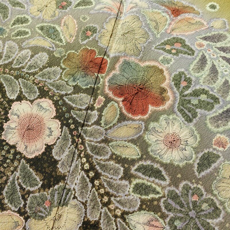 訪問着 辻が花 落款入り 縮緬 絞り 正絹 花柄 袷仕立て 身丈162cm 裄丈67.5cm 着物 緑・うぐいす色_画像6