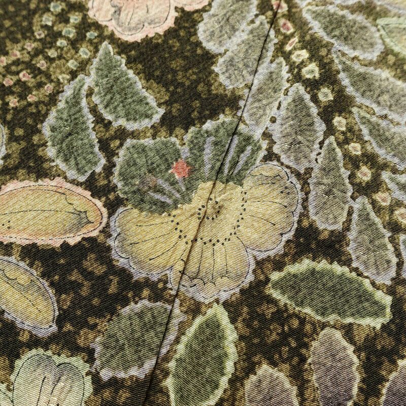 訪問着 辻が花 落款入り 縮緬 絞り 正絹 花柄 袷仕立て 身丈162cm 裄丈67.5cm 着物 緑・うぐいす色_画像9