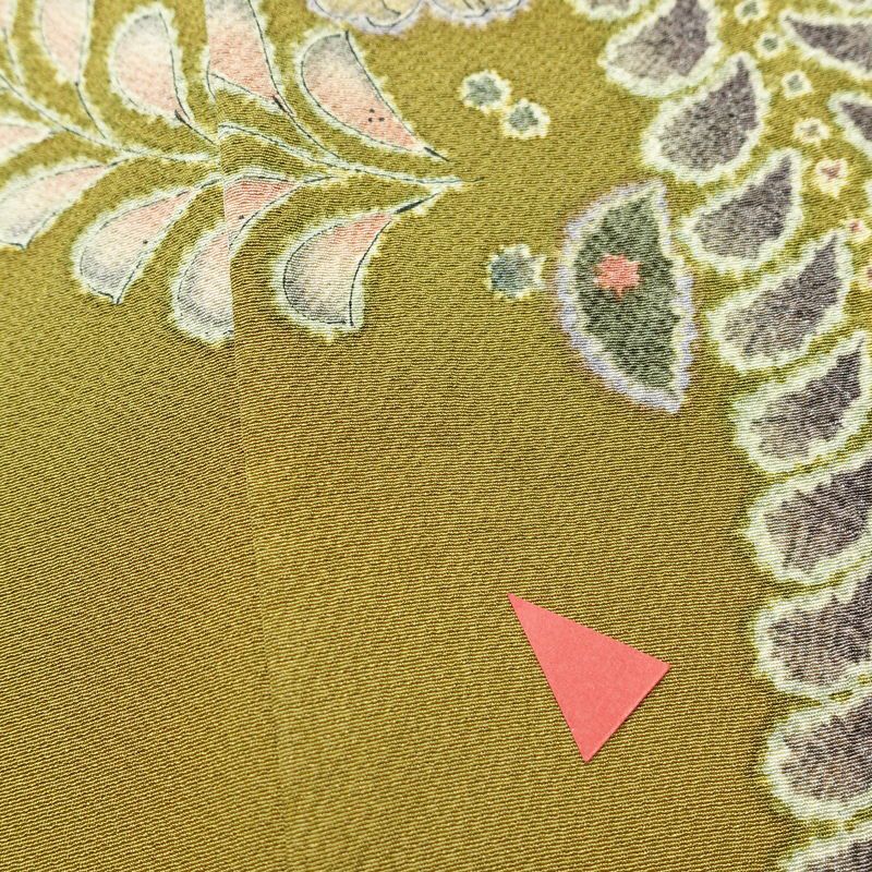 訪問着 辻が花 落款入り 縮緬 絞り 正絹 花柄 袷仕立て 身丈162cm 裄丈67.5cm 着物 緑・うぐいす色_画像14