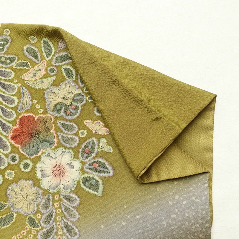 訪問着 辻が花 落款入り 縮緬 絞り 正絹 花柄 袷仕立て 身丈162cm 裄丈67.5cm 着物 緑・うぐいす色_画像15