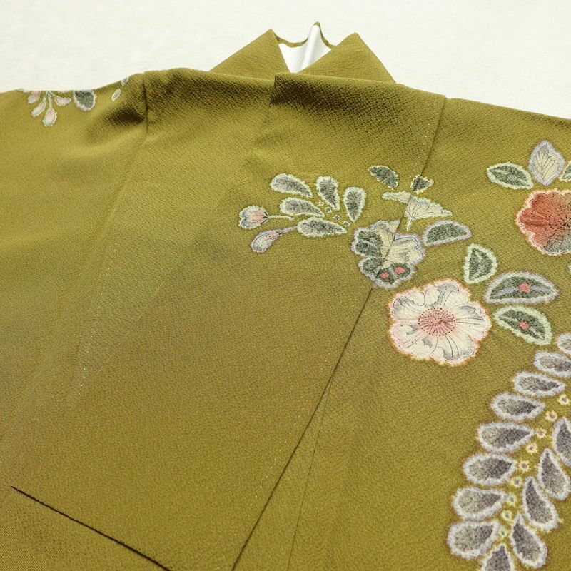 訪問着 辻が花 落款入り 縮緬 絞り 正絹 花柄 袷仕立て 身丈162cm 裄丈67.5cm 着物 緑・うぐいす色_画像16