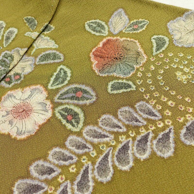 訪問着 辻が花 落款入り 縮緬 絞り 正絹 花柄 袷仕立て 身丈162cm 裄丈67.5cm 着物 緑・うぐいす色_画像17