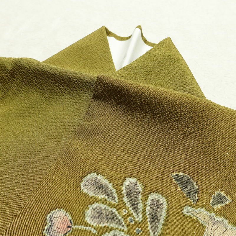 訪問着 辻が花 落款入り 縮緬 絞り 正絹 花柄 袷仕立て 身丈162cm 裄丈67.5cm 着物 緑・うぐいす色_画像18