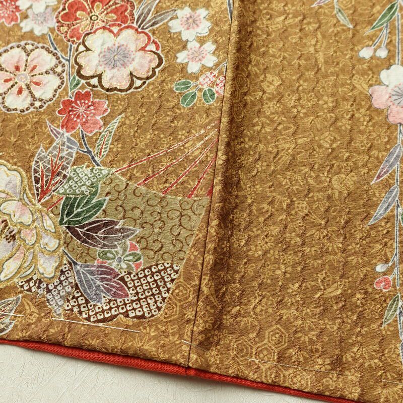 小紋 良品 しつけ糸付き 正絹 花柄 袷仕立て 身丈164.5cm 裄丈67.5cm 金彩 桜	着物 茶_画像11