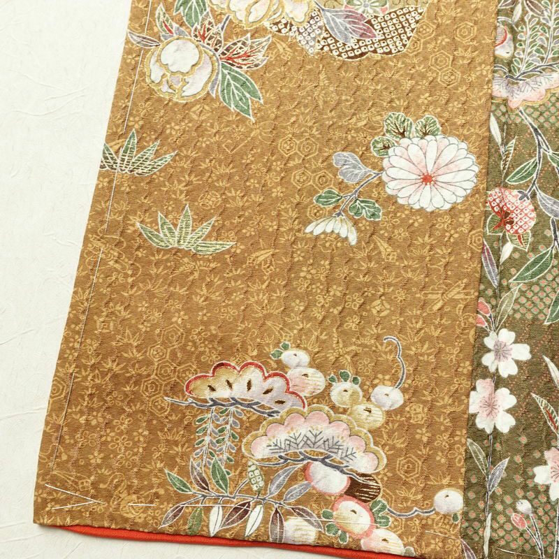 小紋 良品 しつけ糸付き 正絹 花柄 袷仕立て 身丈164.5cm 裄丈67.5cm 金彩 桜	着物 茶_画像12